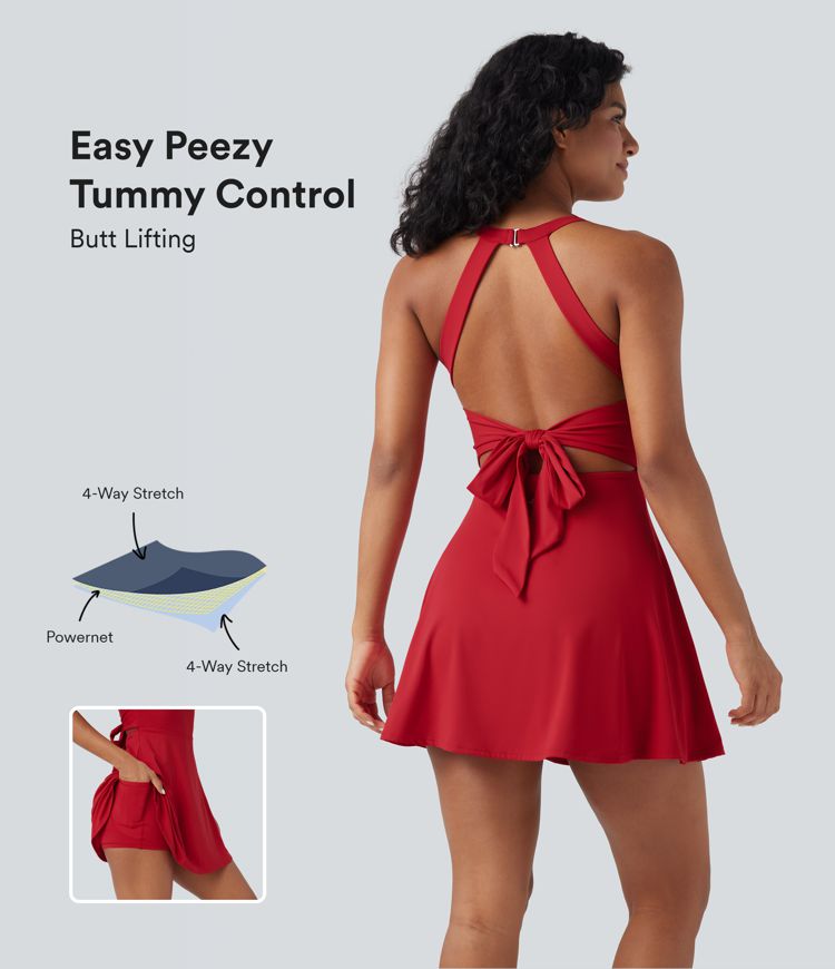 SoftlyZero™ Airy SoCinched Tummy Control Butt Lifting Backless Tie Back Workout Active Dress with Pockets-Easy Peezy
