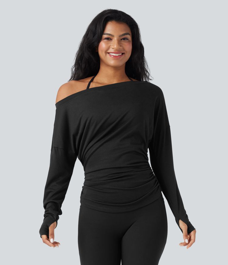 One Shoulder Long Sleeve Thumb Hole Ruched Yoga Sports Top
