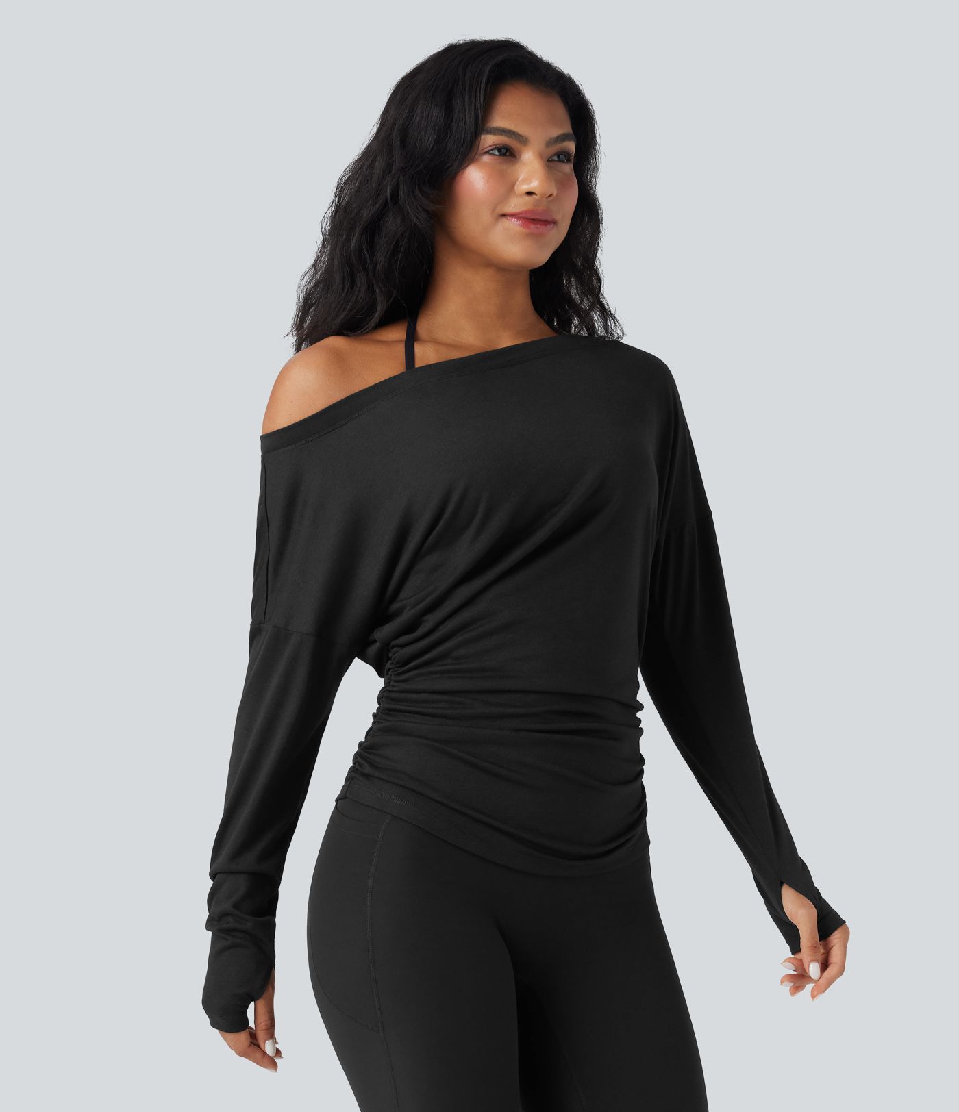 One Shoulder Long Sleeve Thumb Hole Ruched Yoga Sports Top