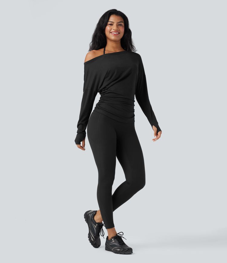 One Shoulder Long Sleeve Thumb Hole Ruched Yoga Sports Top