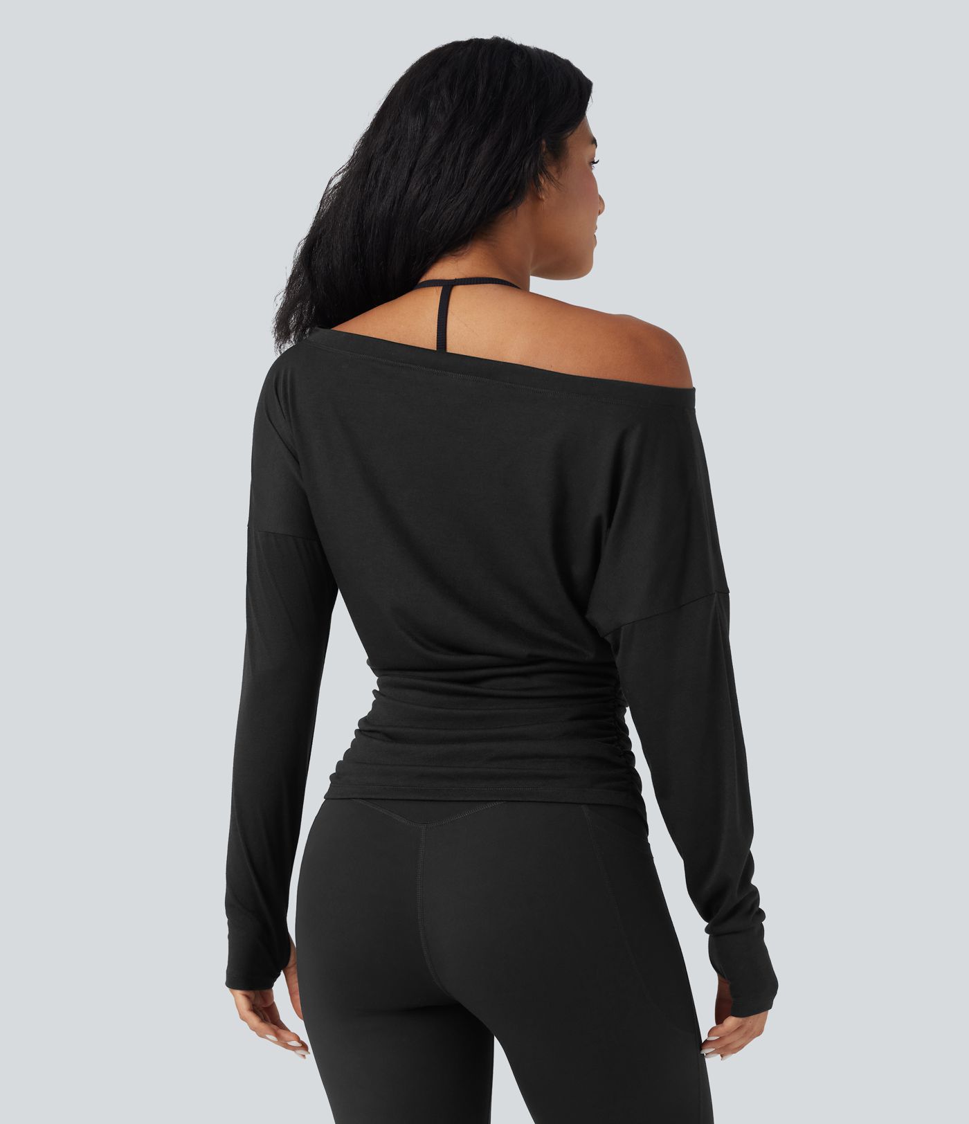 One Shoulder Long Sleeve Thumb Hole Ruched Yoga Sports Top
