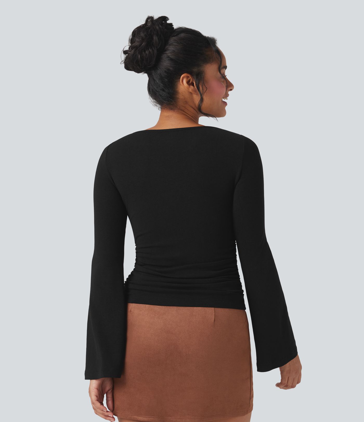 Haut thermique décontracté col bateau manches longues froncé