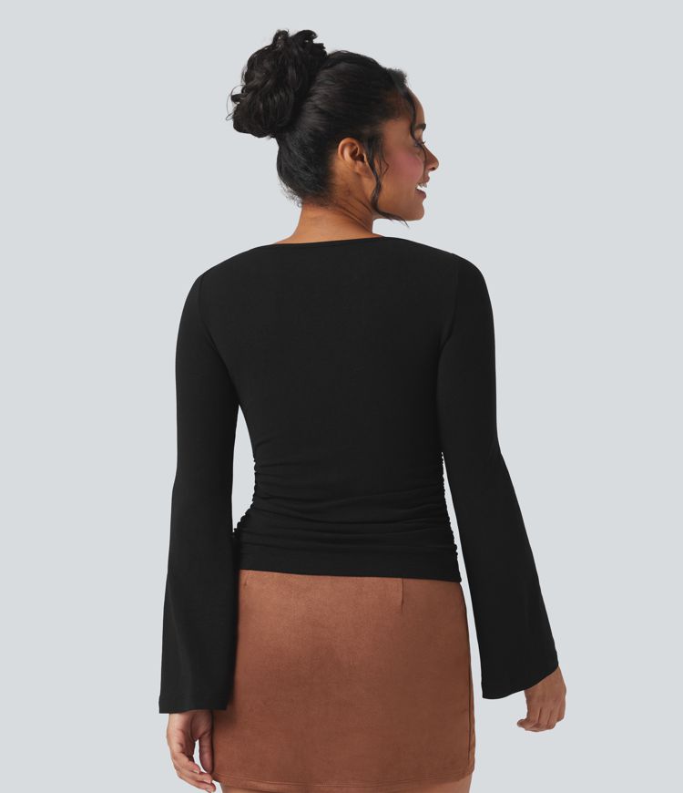 Haut thermique décontracté col bateau manches longues froncé