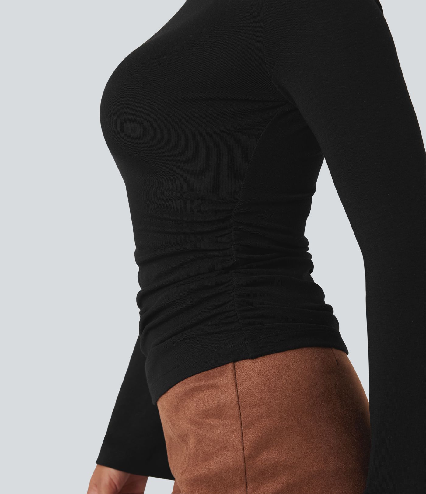 Haut thermique décontracté col bateau manches longues froncé