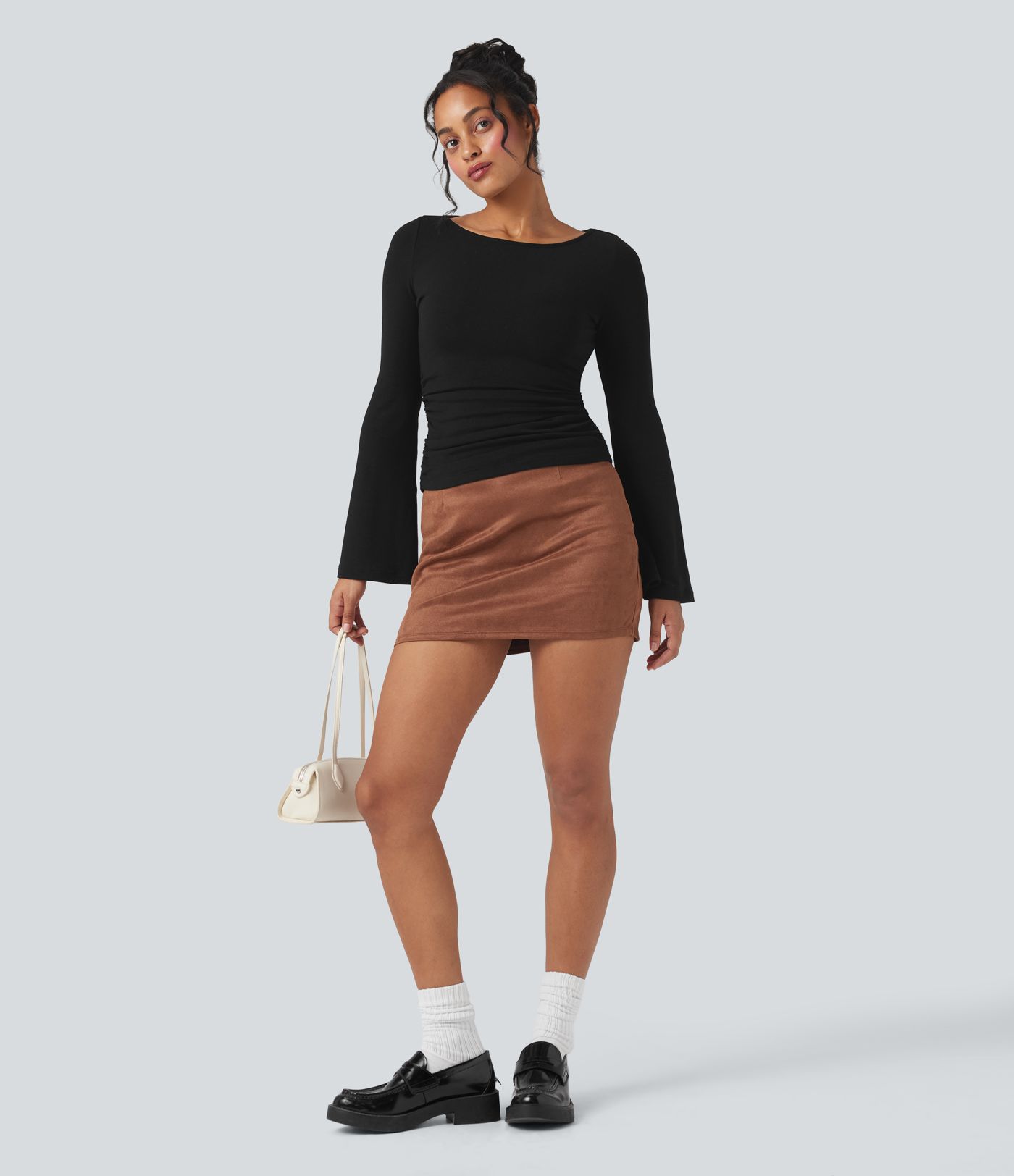 Haut thermique décontracté col bateau manches longues froncé