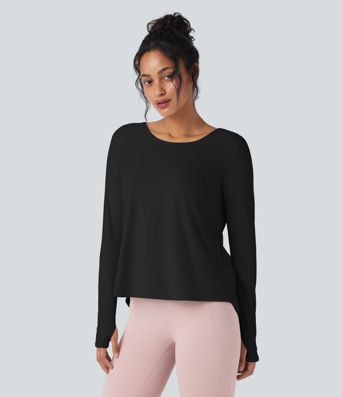 SoftlyZero™ Airy Round Neck Long Sleeve Thumb Hole Cut Out Cool Touch Yoga Sports Top