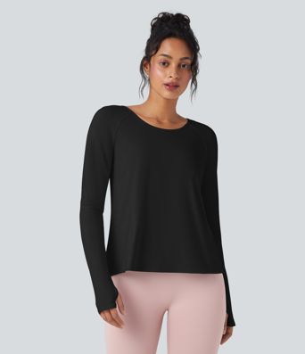 SoftlyZero™ Airy Round Neck Long Sleeve Thumb Hole Cut Out Cool Touch Yoga Sports Top