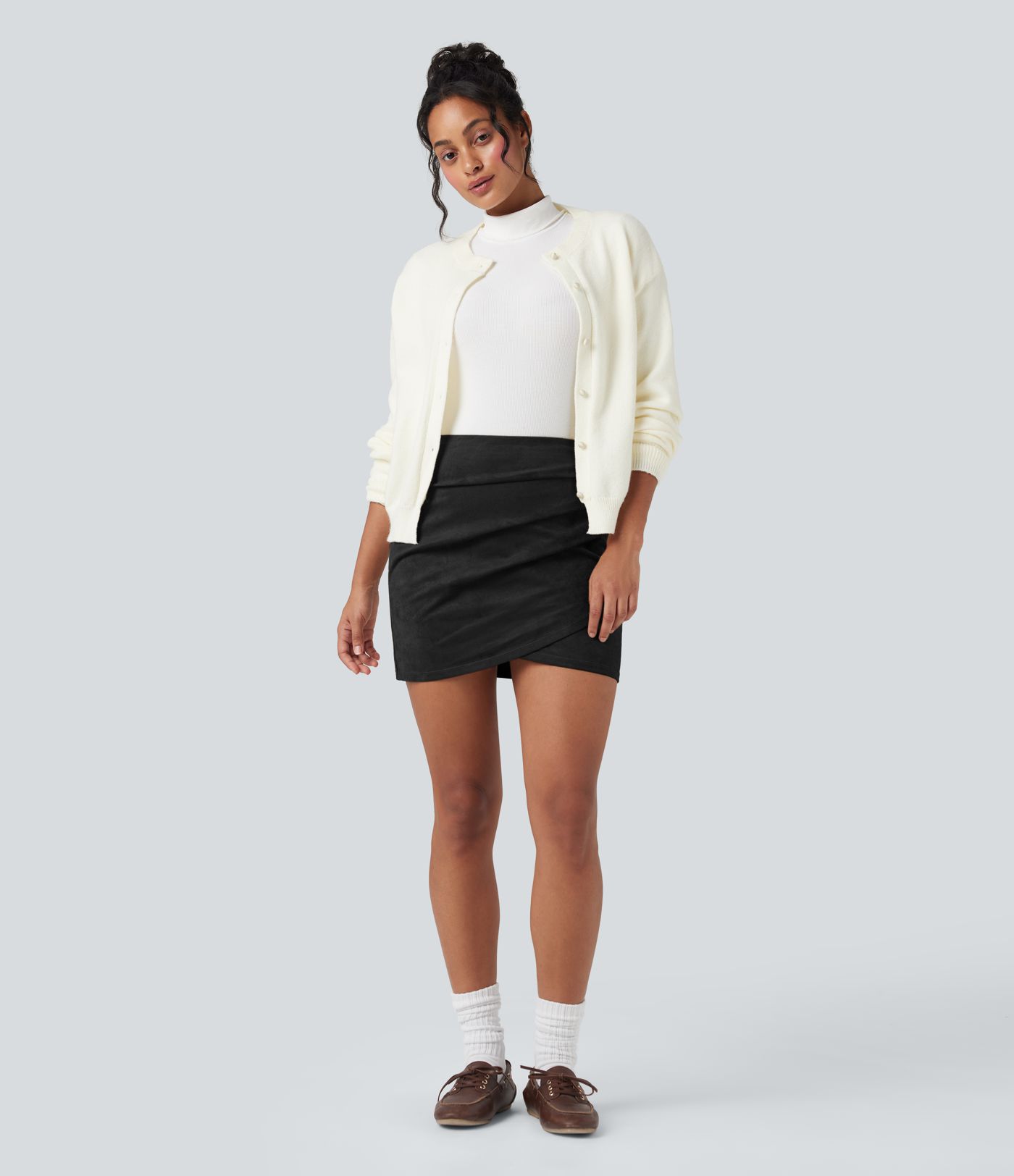 High Waisted Ruched Crossover Hem Bodycon Mini Suede Casual Skirt