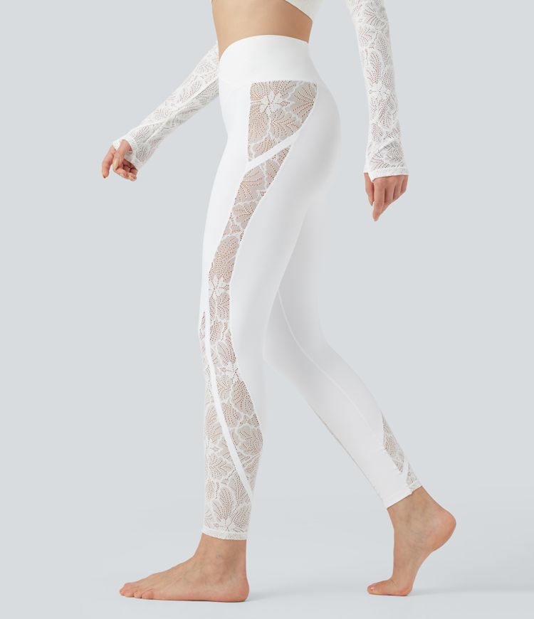 SoftlyZero™ Crossover Mid Rise Contrast Lace Yoga Leggings with Pocket-UPF50+