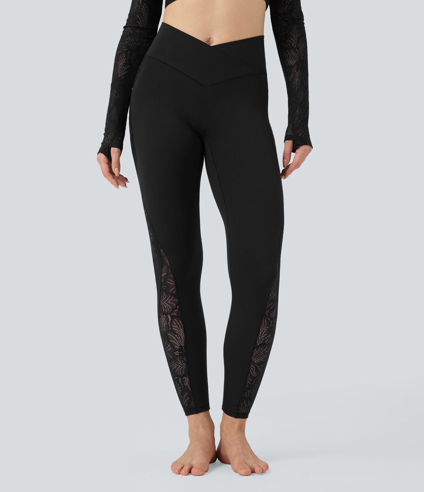 Legging de yoga SoftlyZero™ croisé taille mi-haute dentelle contrastante avec poche - UPF50+
