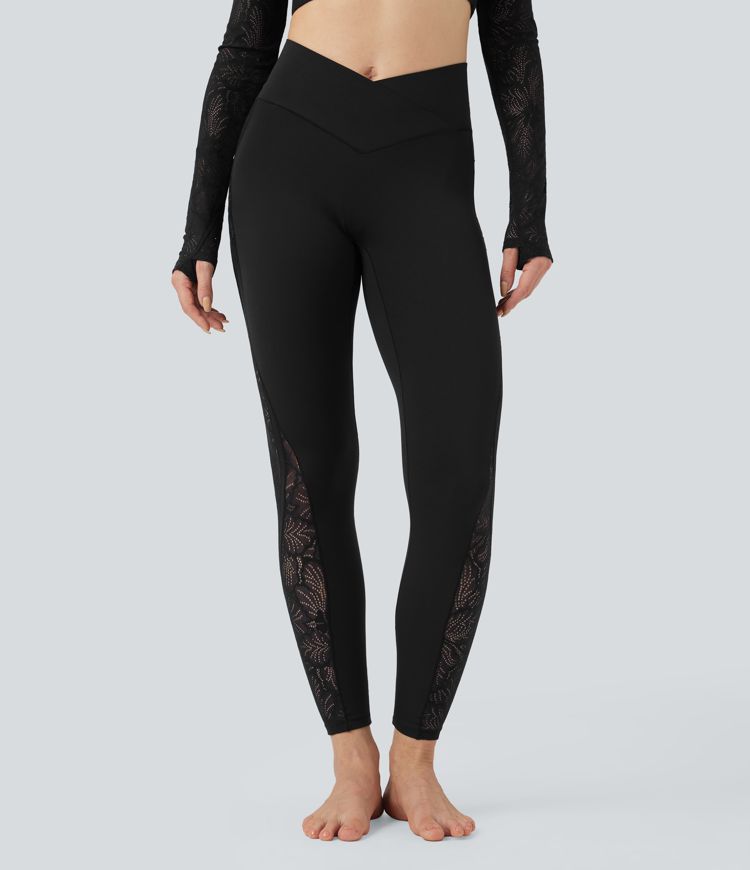 SoftlyZero™ Crossover Mid Rise Contrast Lace Yoga Leggings with Pocket-UPF50+