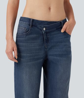 Halara Flex™ vaqueros holgados informales de tiro bajo con cintura asimétrica y bolsillos.