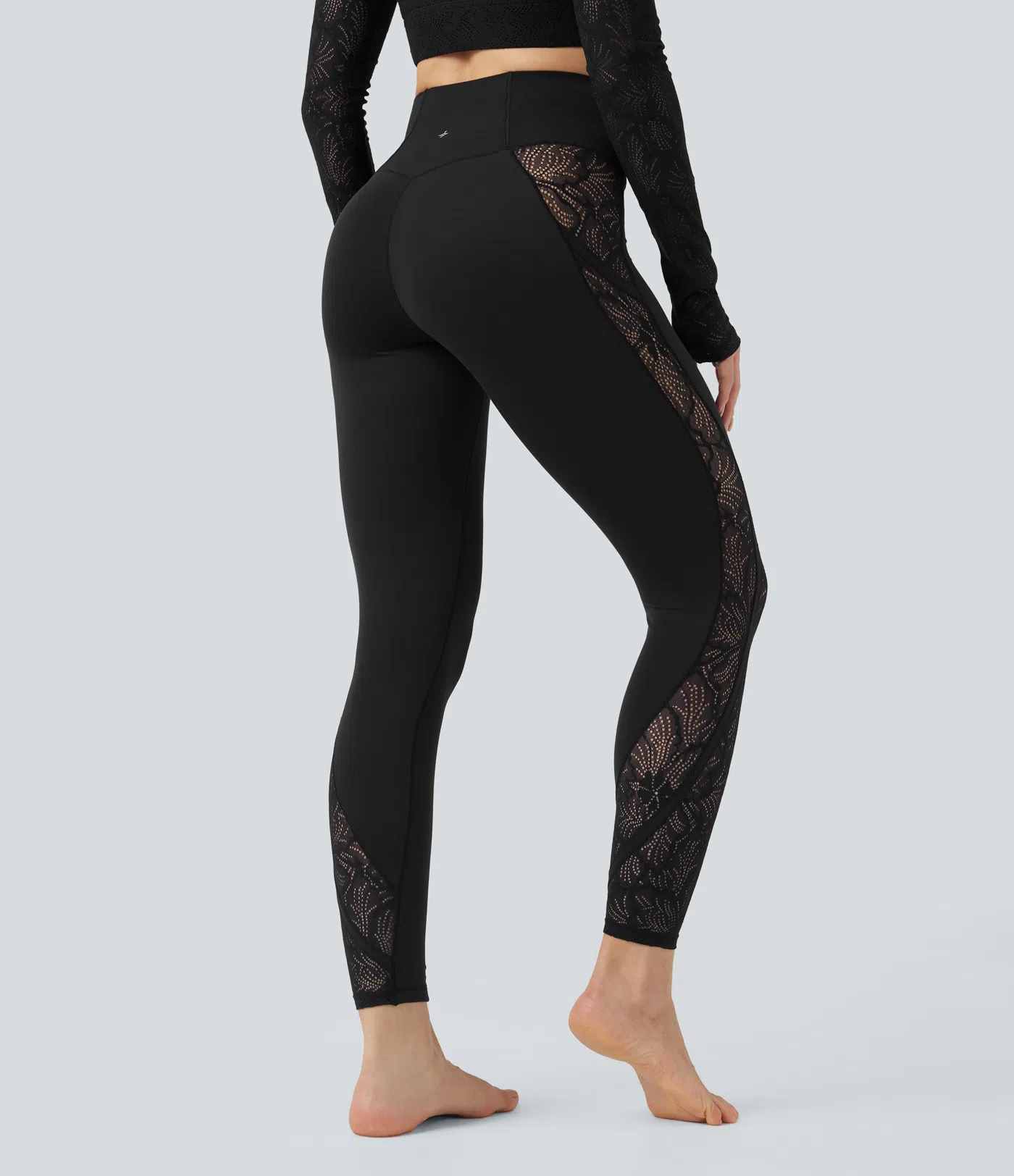 SoftlyZero™ Crossover Mid Rise Contrast Lace Yoga Leggings with Pocket-UPF50+