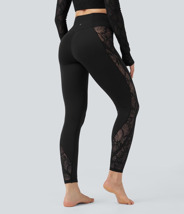 SoftlyZero™ Crossover Mid Rise Contrast Lace Yoga Leggings with Pocket-UPF50+