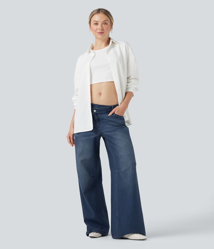 Halara Flex™ vaqueros holgados informales de tiro bajo con cintura asimétrica y bolsillos.