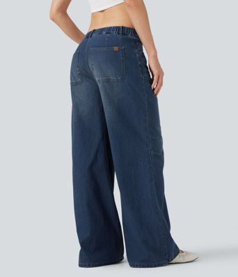 Halara Flex™ vaqueros holgados informales de tiro bajo con cintura asimétrica y bolsillos.