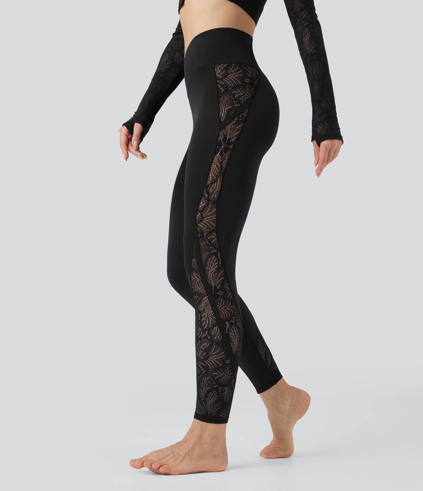 Legging de yoga SoftlyZero™ croisé taille mi-haute dentelle contrastante avec poche - UPF50+