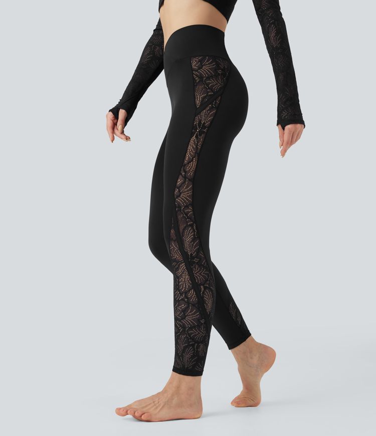 SoftlyZero™ Crossover Mid Rise Contrast Lace Yoga Leggings with Pocket-UPF50+