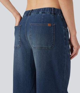 Halara Flex™ vaqueros holgados informales de tiro bajo con cintura asimétrica y bolsillos.