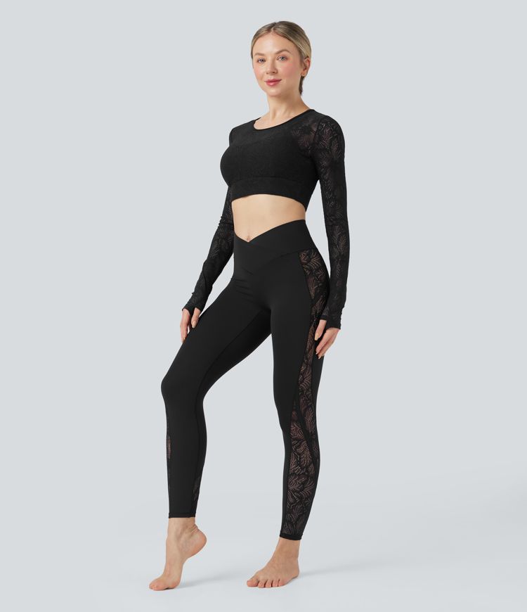 SoftlyZero™ Crossover Mid Rise Contrast Lace Yoga Leggings with Pocket-UPF50+