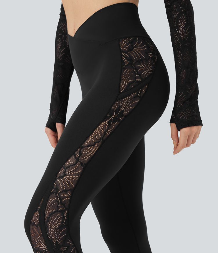 SoftlyZero™ Crossover Mid Rise Contrast Lace Yoga Leggings with Pocket-UPF50+
