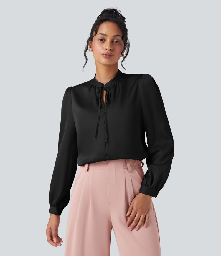 Black Tie Front Long Sleeve Work Shirt / 1
