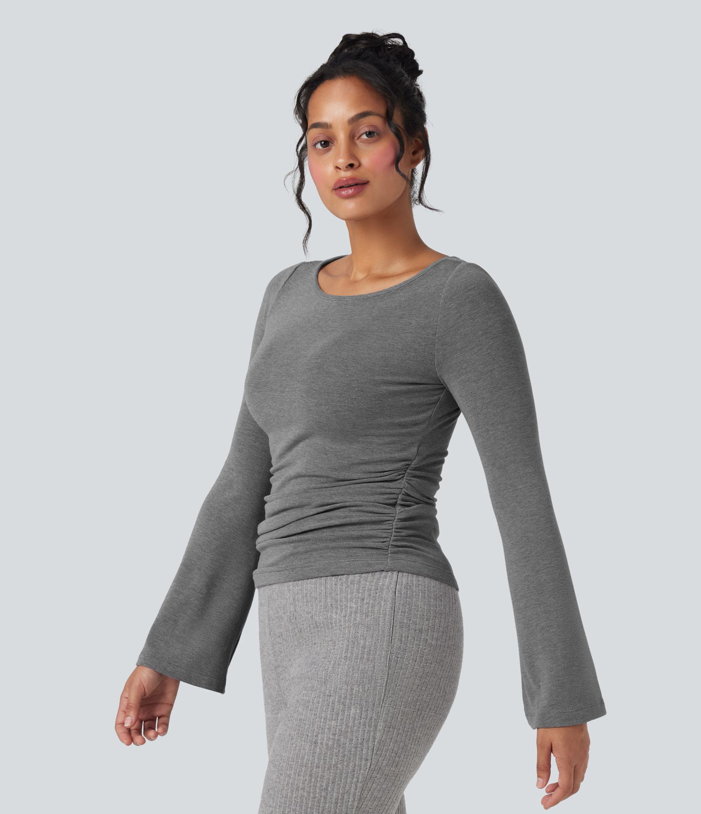 Boat Neck Long Sleeve Ruched Thermal Casual Top