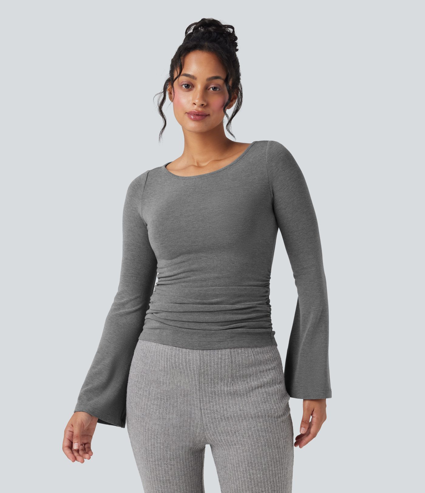 Boat Neck Long Sleeve Ruched Thermal Casual Top