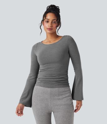 Boat Neck Long Sleeve Ruched Thermal Casual Top