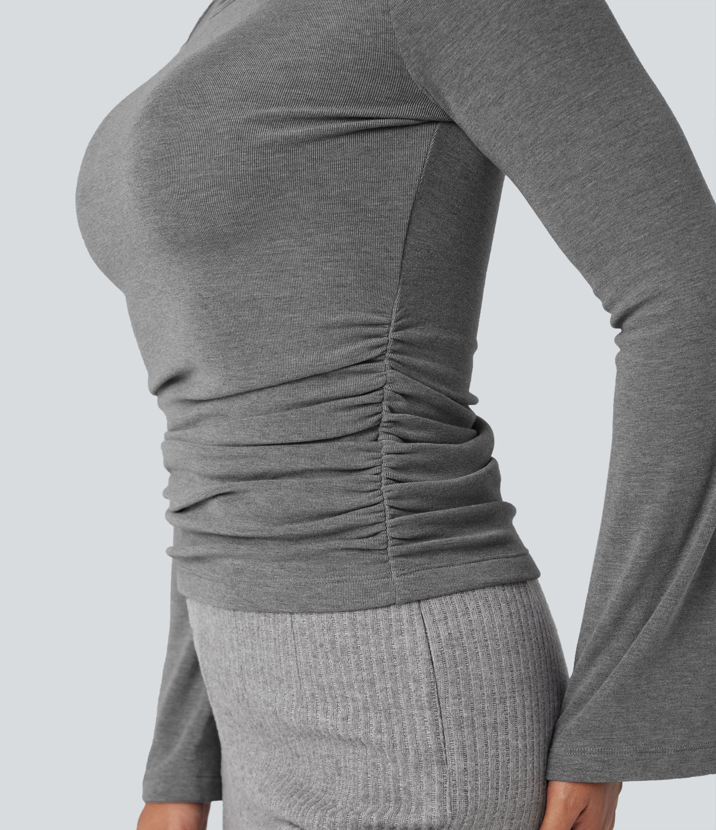Boat Neck Long Sleeve Ruched Thermal Casual Top