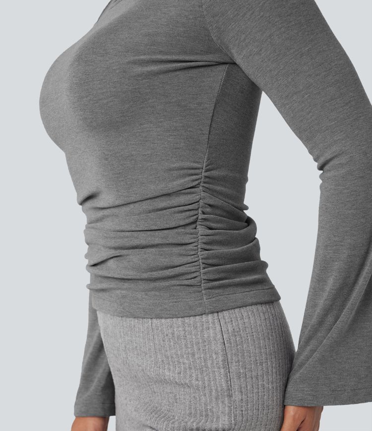 Boat Neck Long Sleeve Ruched Thermal Casual Top