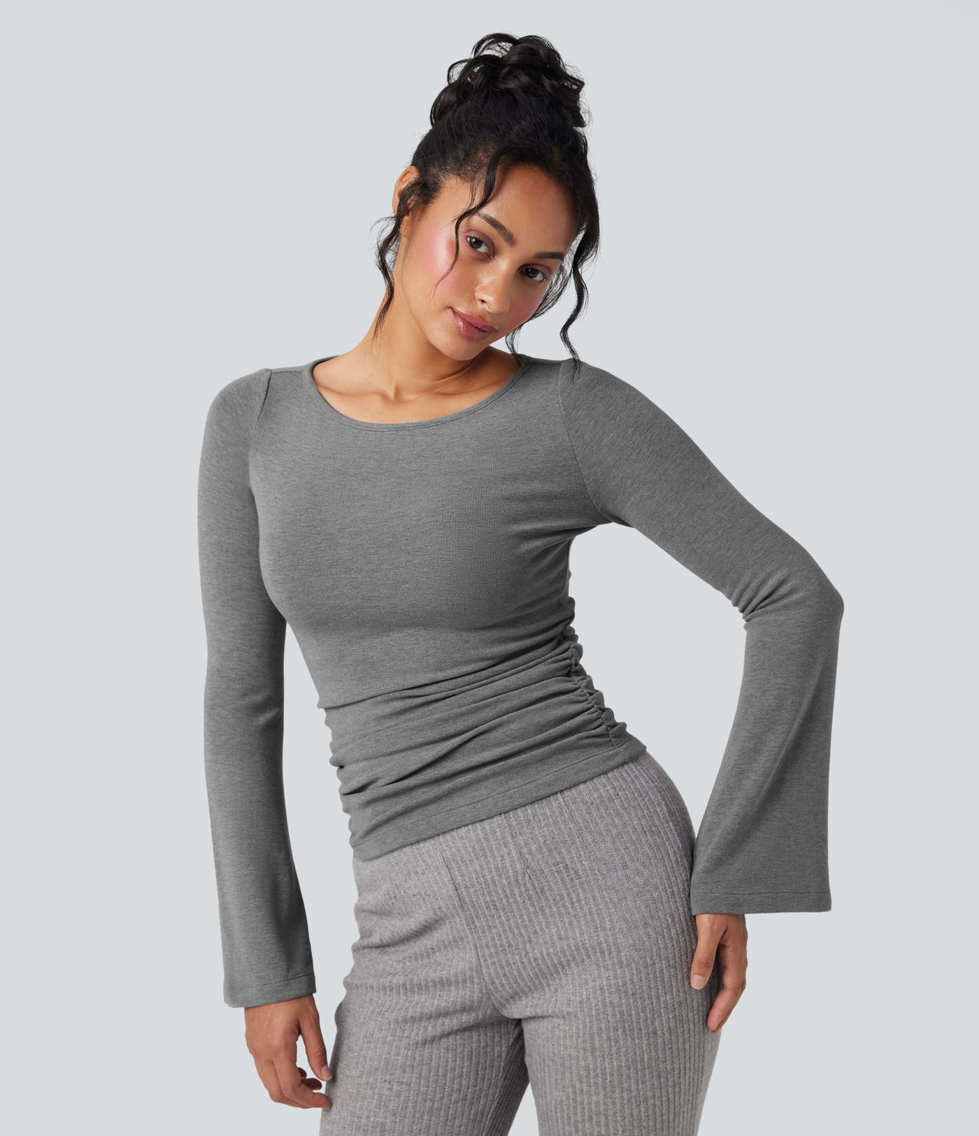 Boat Neck Long Sleeve Ruched Thermal Casual Top