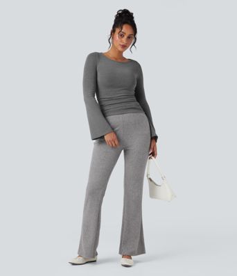 Boat Neck Long Sleeve Ruched Thermal Casual Top