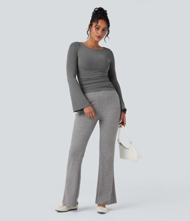 Boat Neck Long Sleeve Ruched Thermal Casual Top