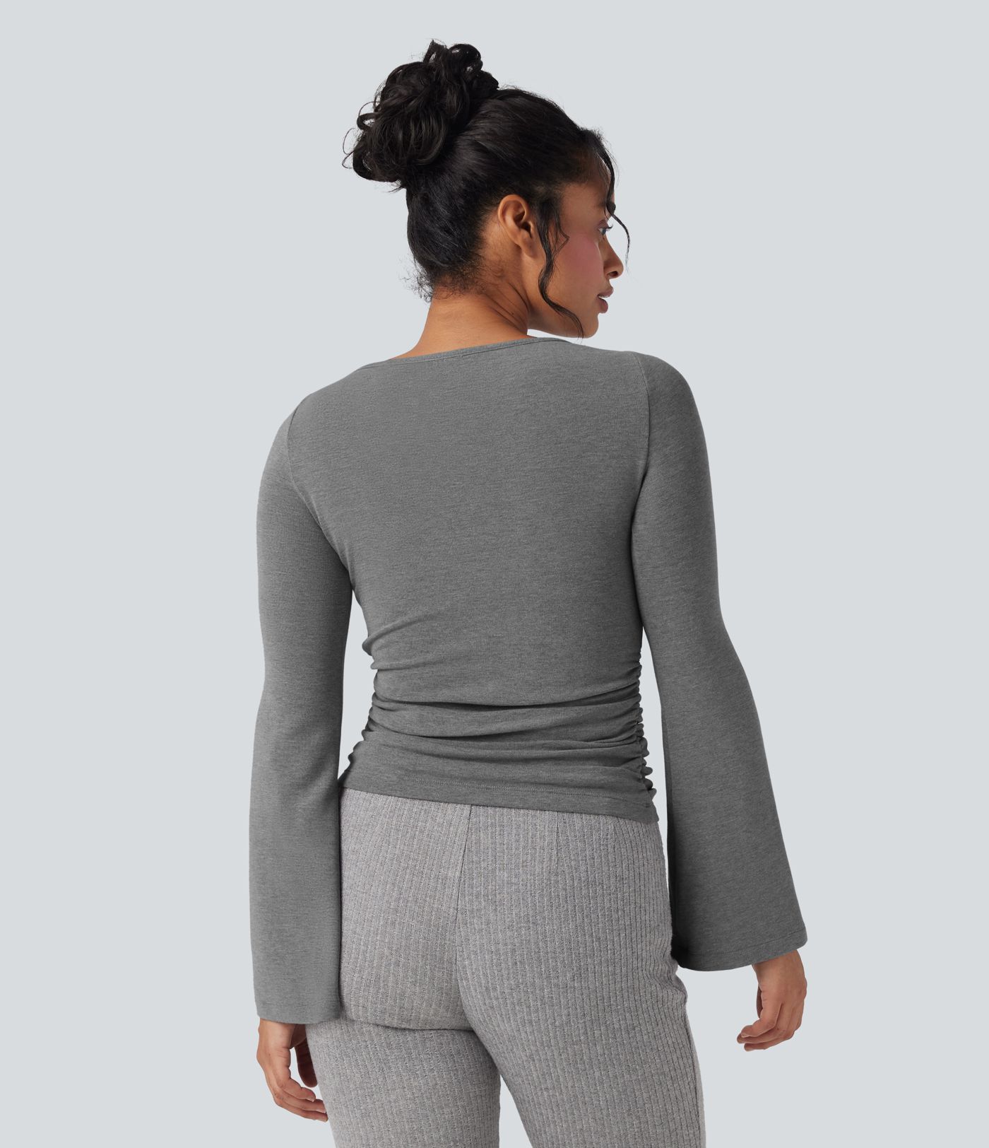 Boat Neck Long Sleeve Ruched Thermal Casual Top