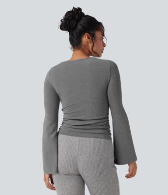 Boat Neck Long Sleeve Ruched Thermal Casual Top