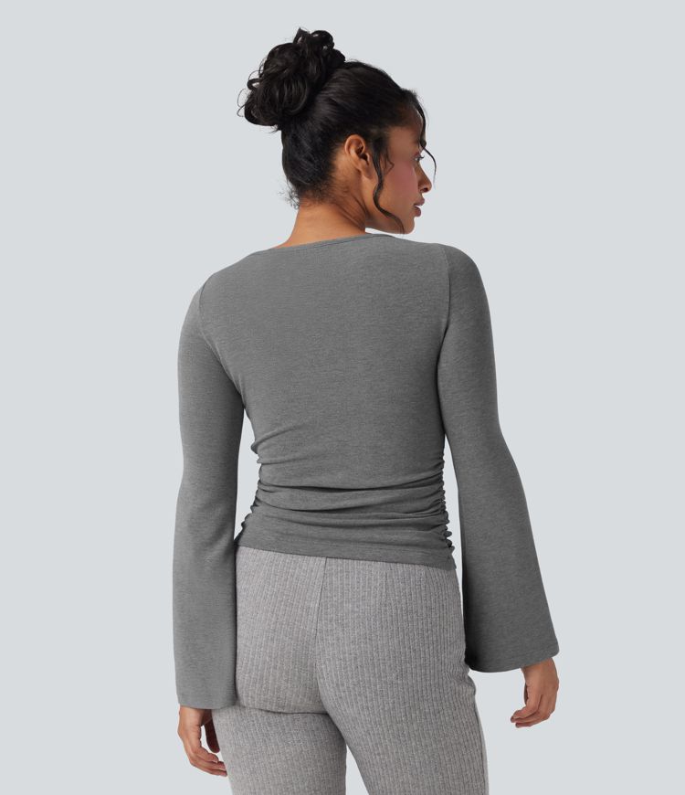 Boat Neck Long Sleeve Ruched Thermal Casual Top
