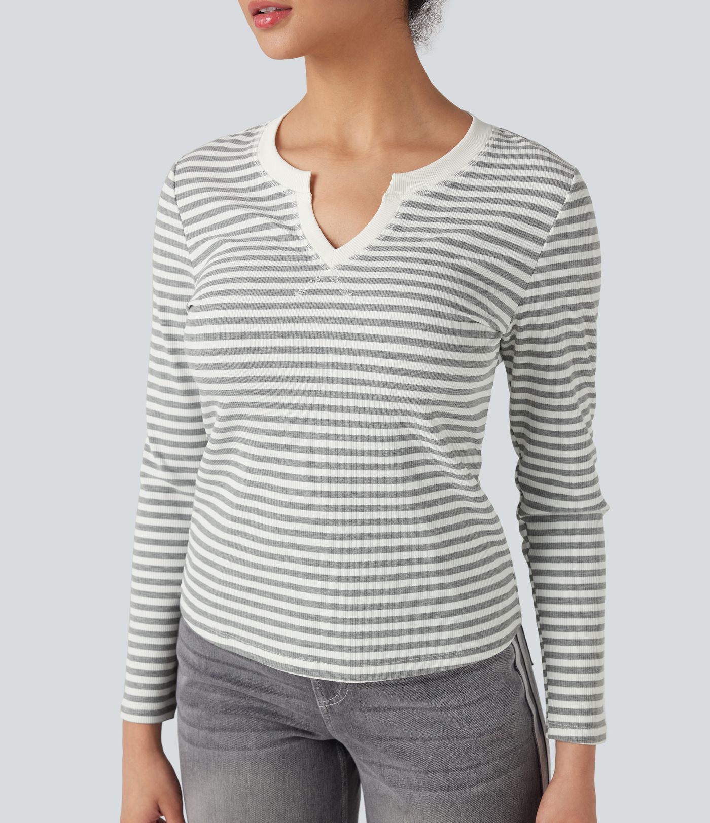 Notched Long Sleeve Stripe Casual Top