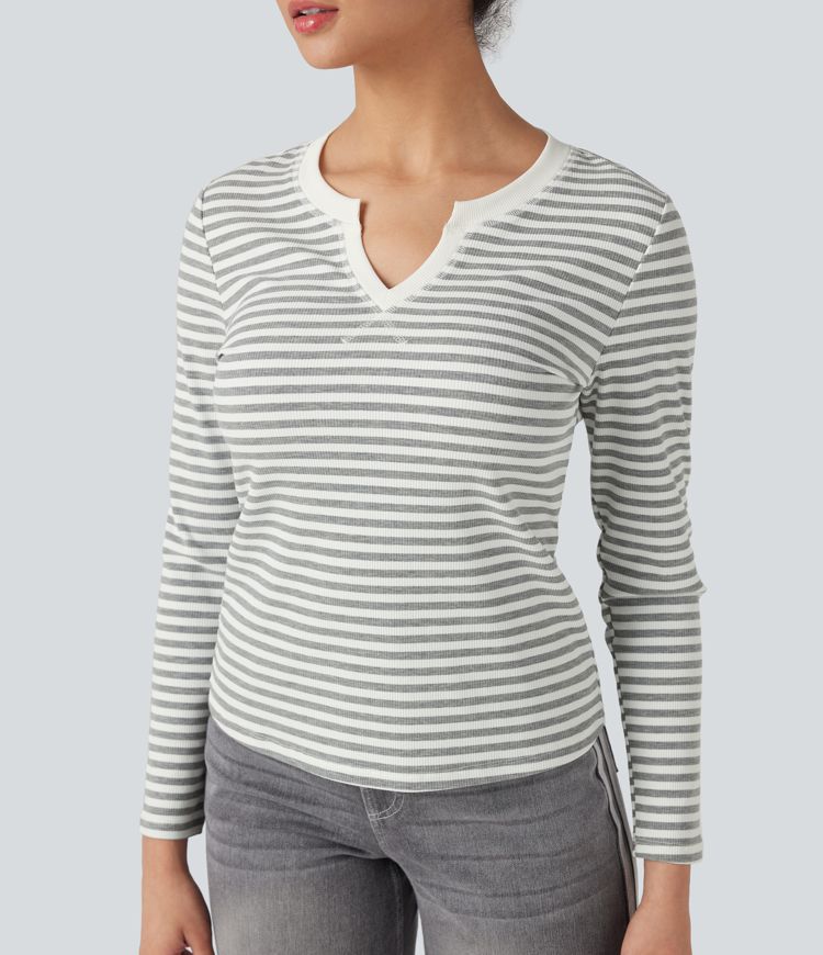 Notched Long Sleeve Stripe Casual Top