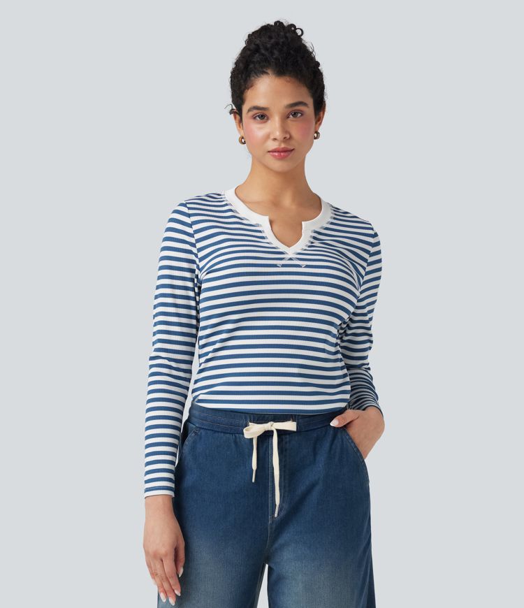 Notched Long Sleeve Stripe Casual Top