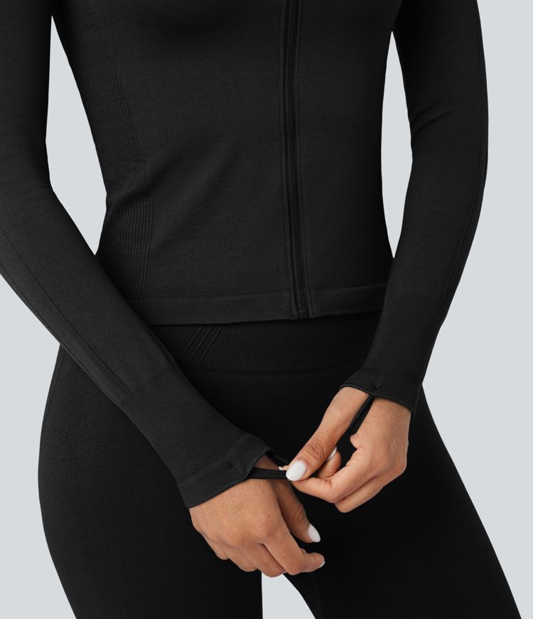Seamless Flow Stand Collar Long Sleeve Thumb Hole Yoga Jacket