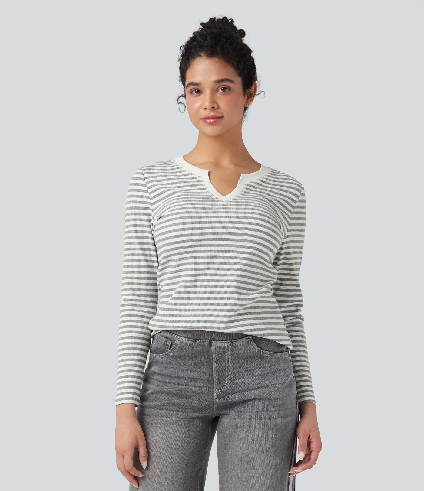 Notched Long Sleeve Stripe Casual Top