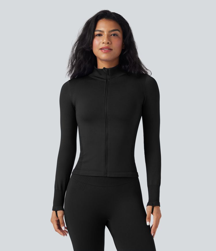 Seamless Flow Stand Collar Long Sleeve Thumb Hole Yoga Jacket