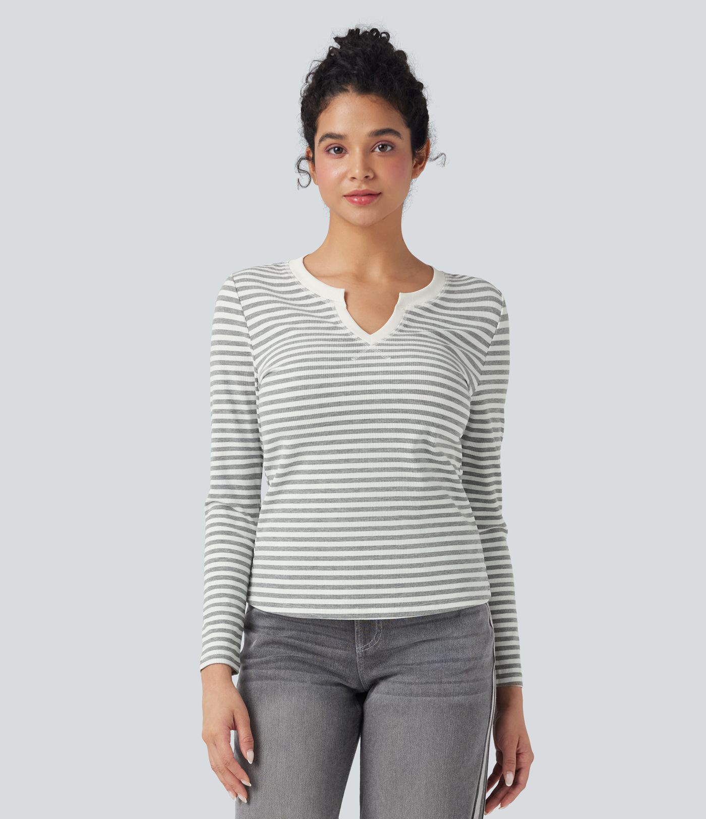 Notched Long Sleeve Stripe Casual Top