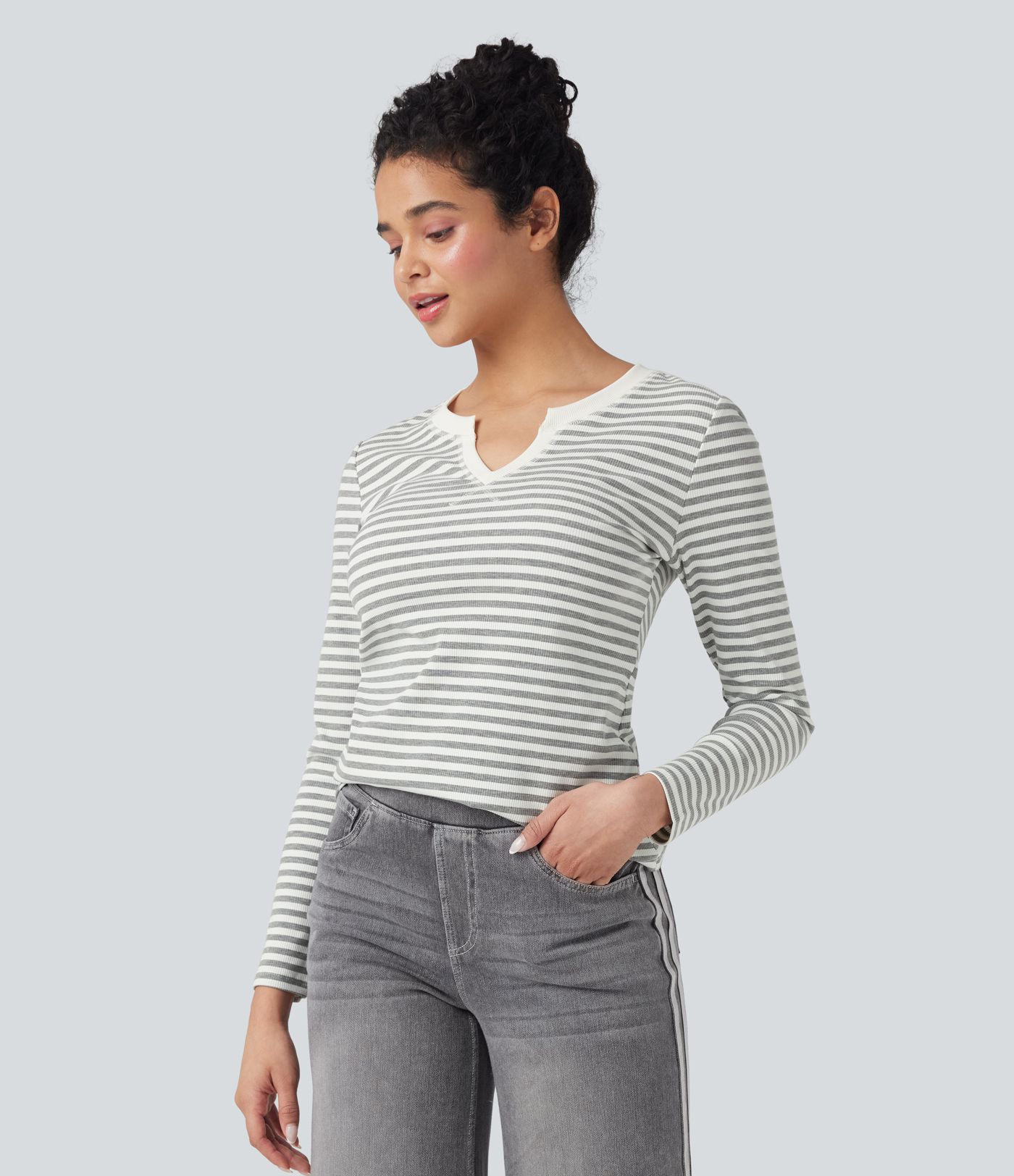 Notched Long Sleeve Stripe Casual Top
