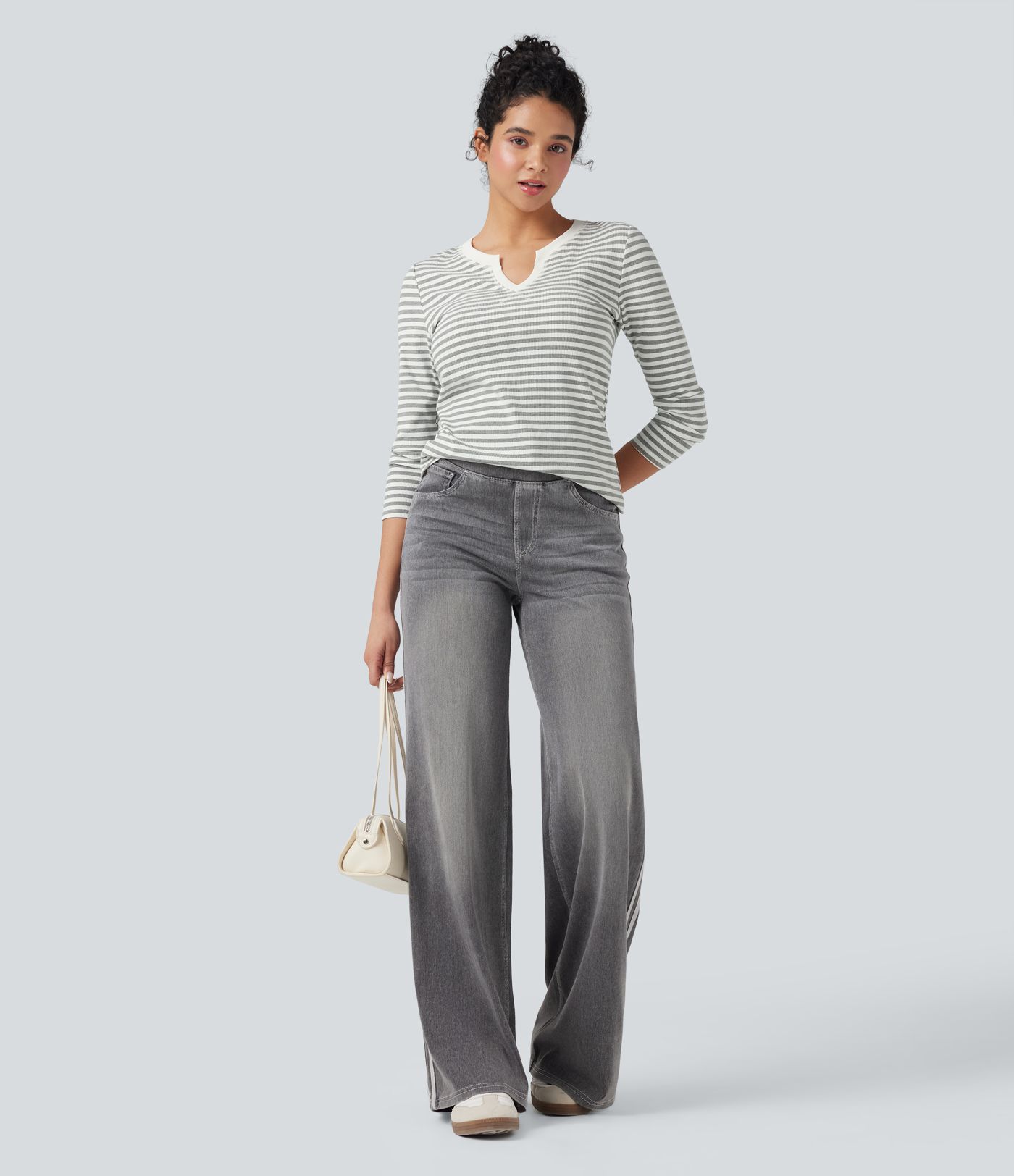 Notched Long Sleeve Stripe Casual Top