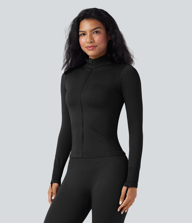 Seamless Flow Stand Collar Long Sleeve Thumb Hole Yoga Jacket
