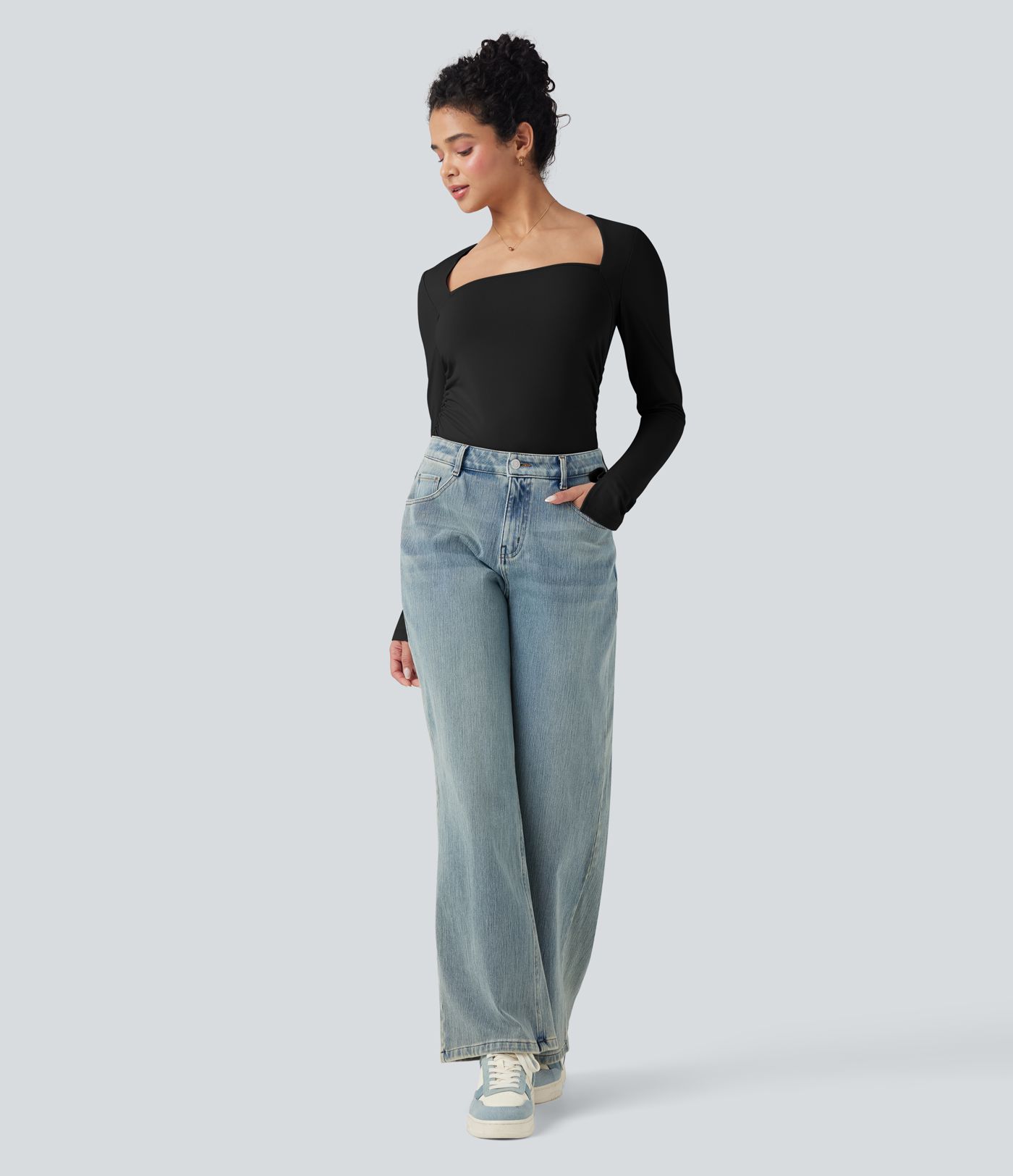 Firkantet Hals Delt Langermet Rynket Slim Avslappet Topp