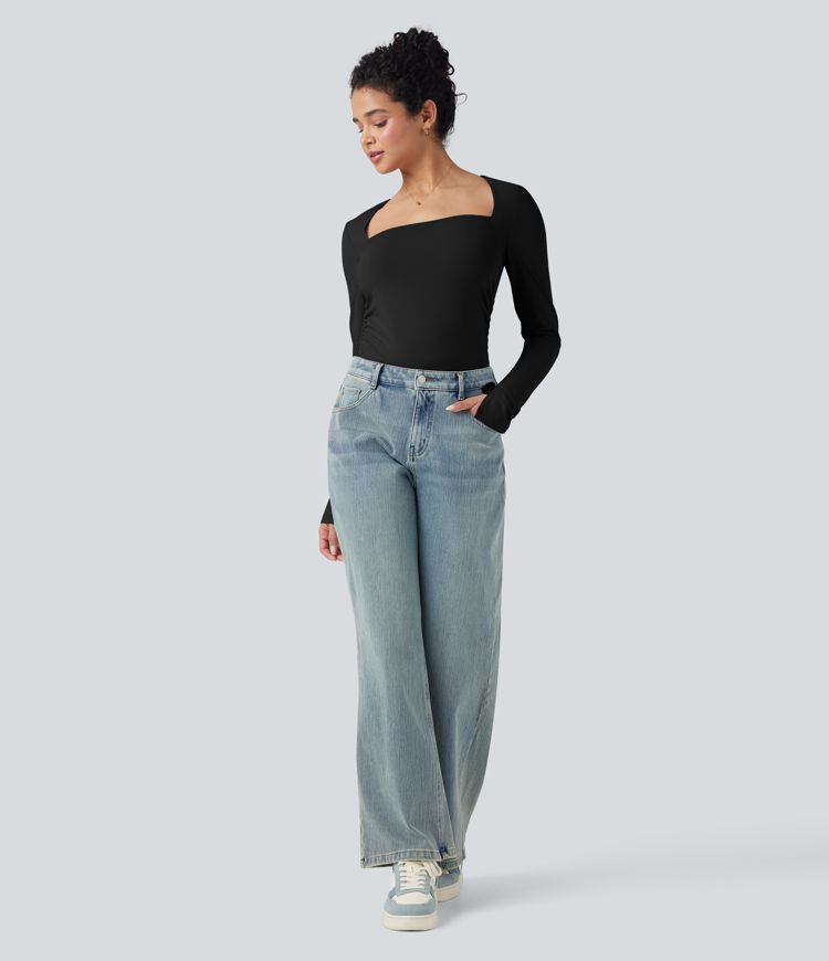 Firkantet Hals Delt Langermet Rynket Slim Avslappet Topp