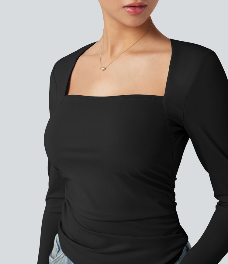 Firkantet Hals Delt Langermet Rynket Slim Avslappet Topp